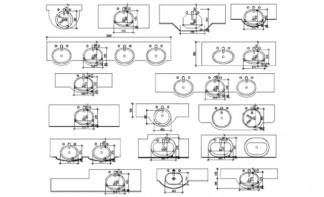DRAWING 2D VIEW OF WASH BASIN SANITARY UNITS DWG FILE